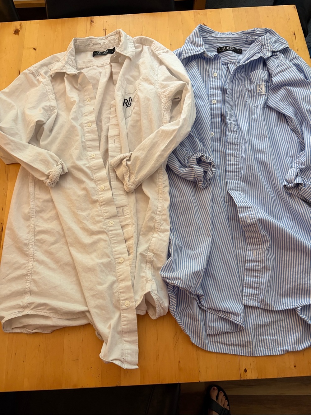 Ralph Lauren White Cotton Button-Down & Blue Stripe Shirt Dress Duo lot of 2